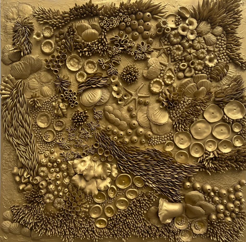 Golden Tides: A Textured Exploration of Oceanic Life and Form