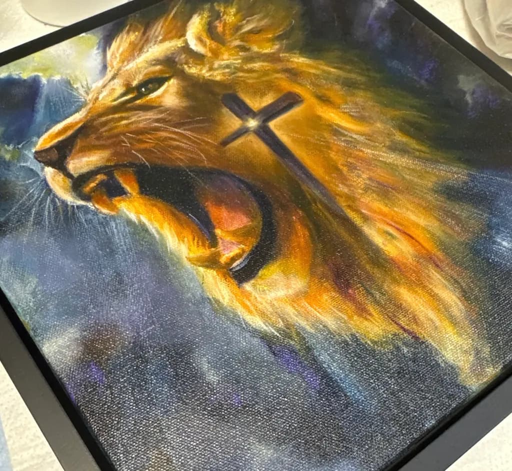 "✨ 'Roar of the Lion' ✨ - A powerful depiction of divine strength and courage, where the roar symbolizes the voice of God breaking through darkness. This piece invites you to embrace your own boldness in faith. www.susanwindham.com #PropheticArt #VisionaryRealism #FaithInspiredArt"