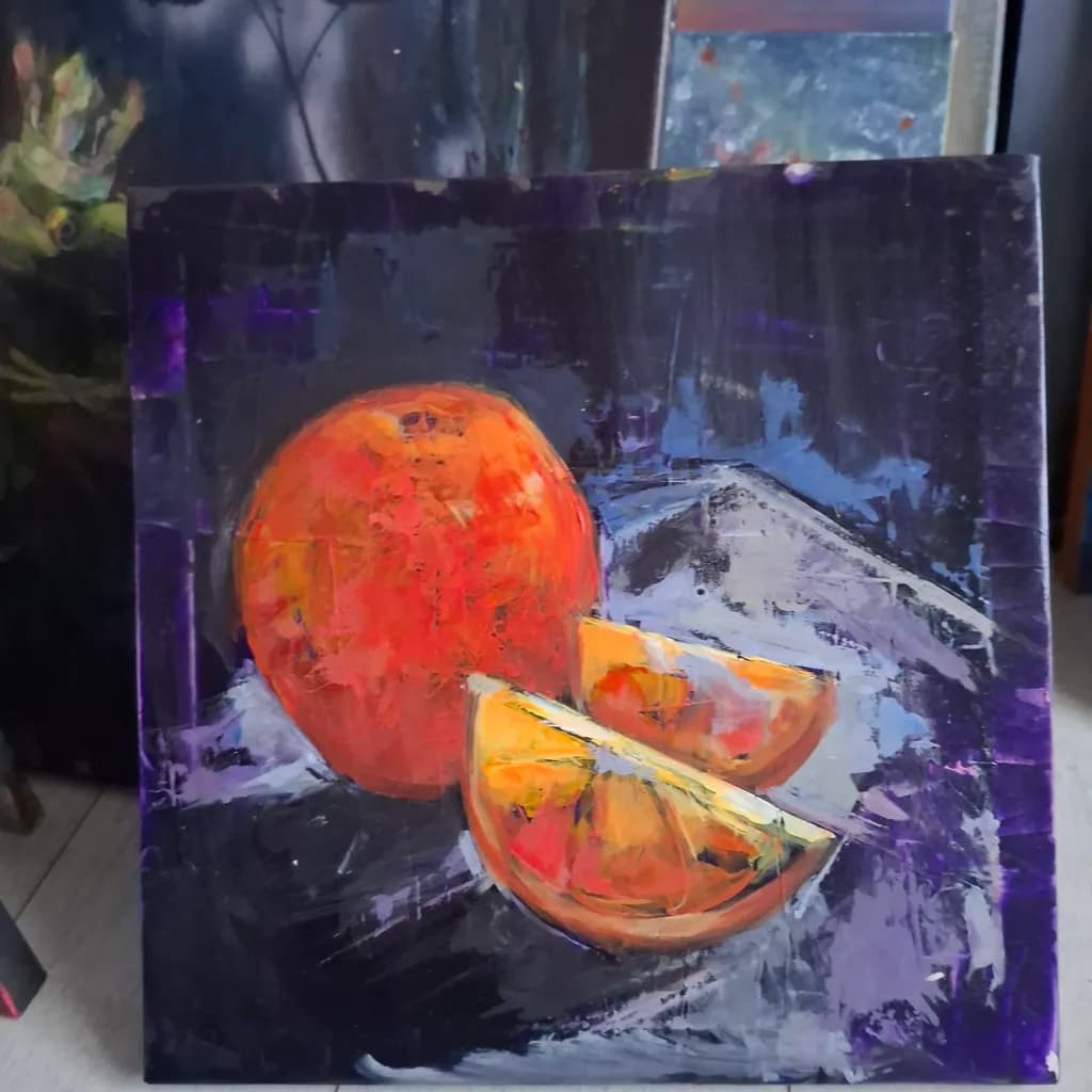 Vibrant Citrus Symphony: A Bold Orange Still Life with Slices on a Dark Canvas