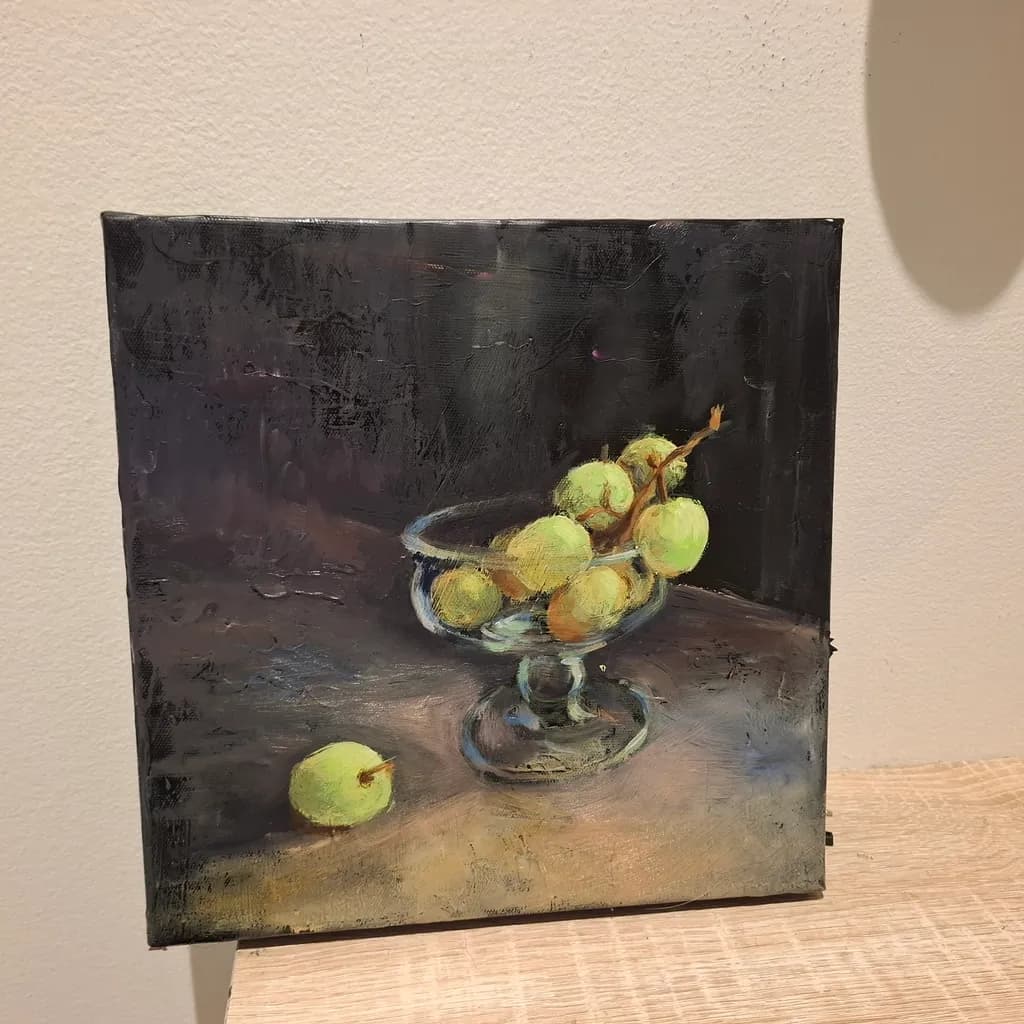 Whispers of Green: A Still Life of Grapes in Glass Elegance