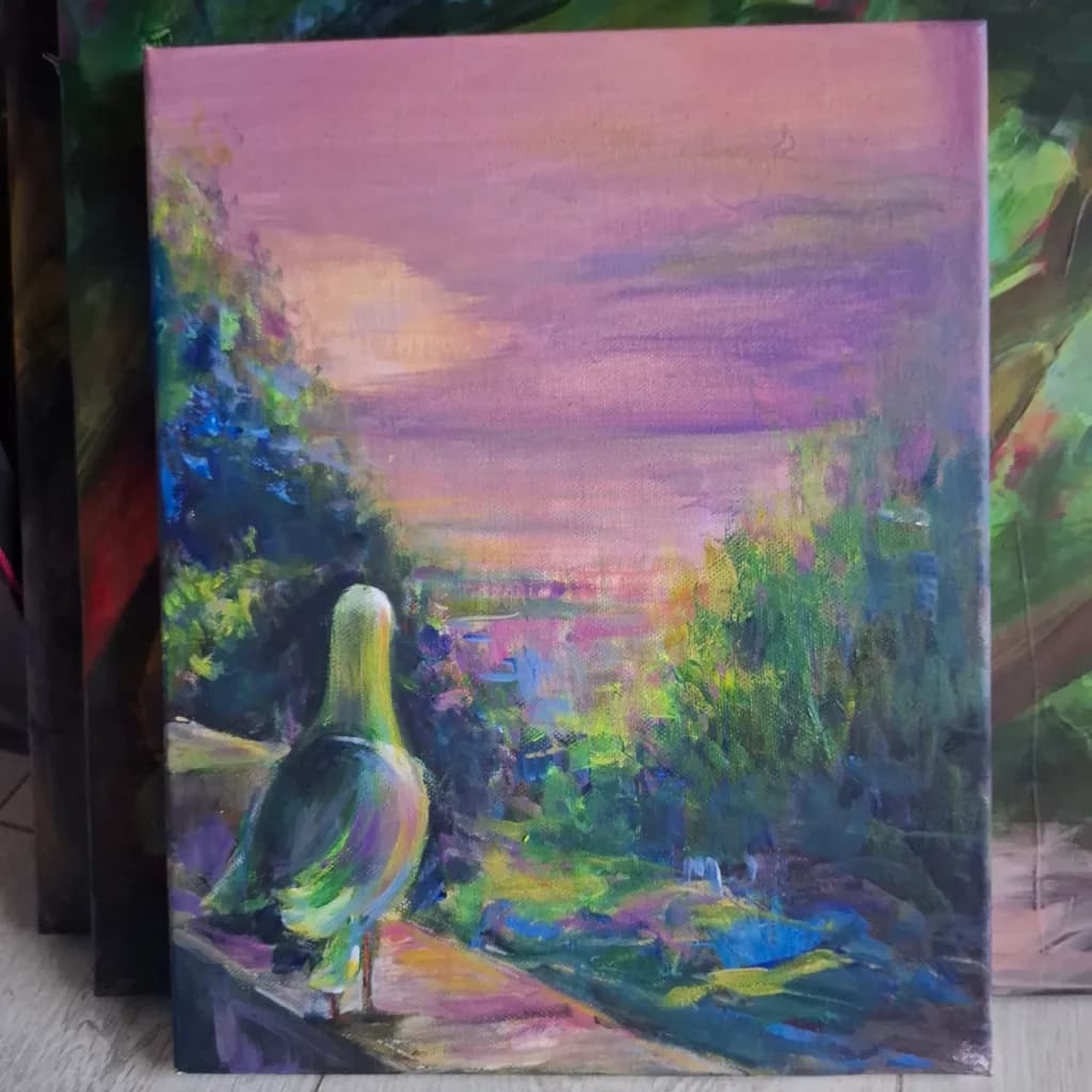 Whispers of Twilight: A Serene Pigeon’s View Over a Colorful Landscape