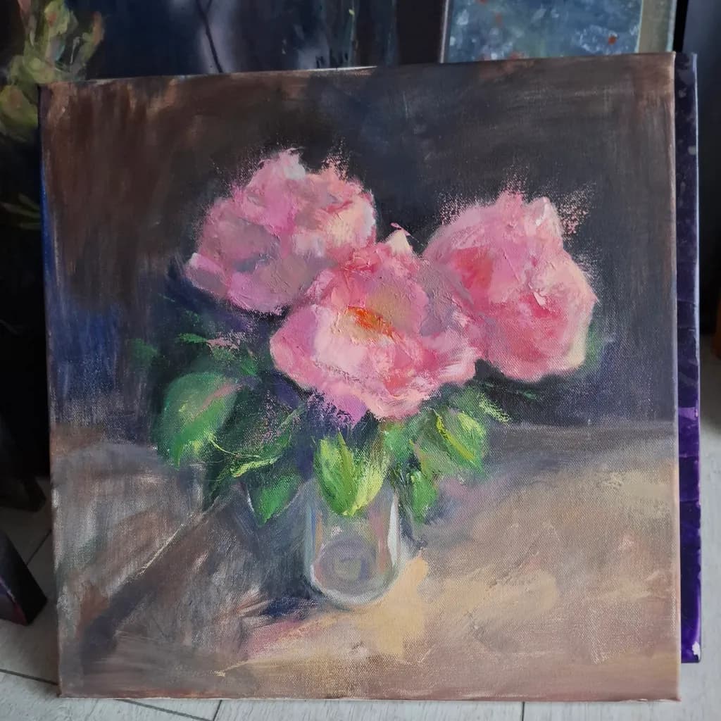 Blush Petals: A Serene Bouquet of Pink Roses in Glass Vase