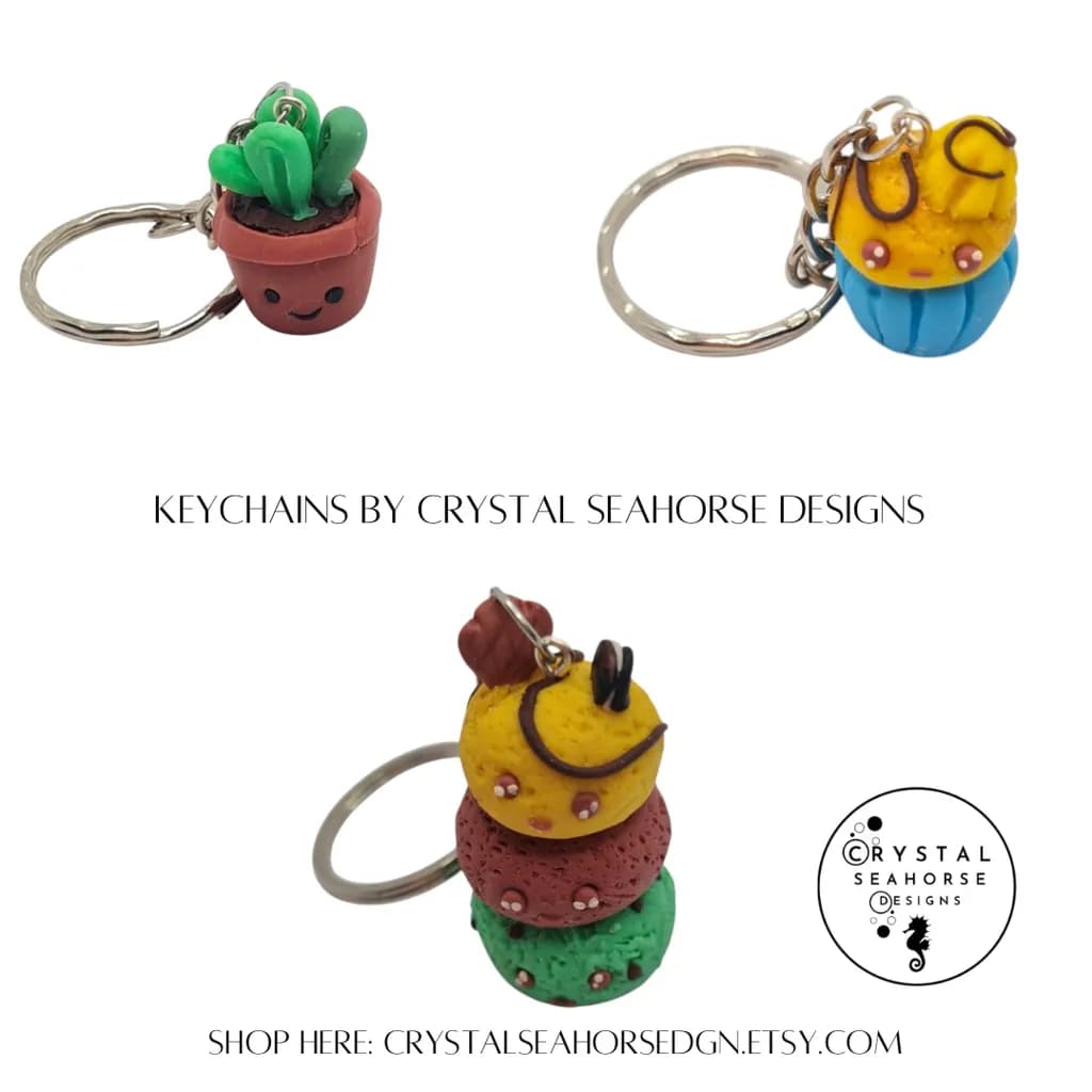 Charming Miniature Keychains: Whimsical Plants and Sweet Treats by Crystal Seahorse Designs