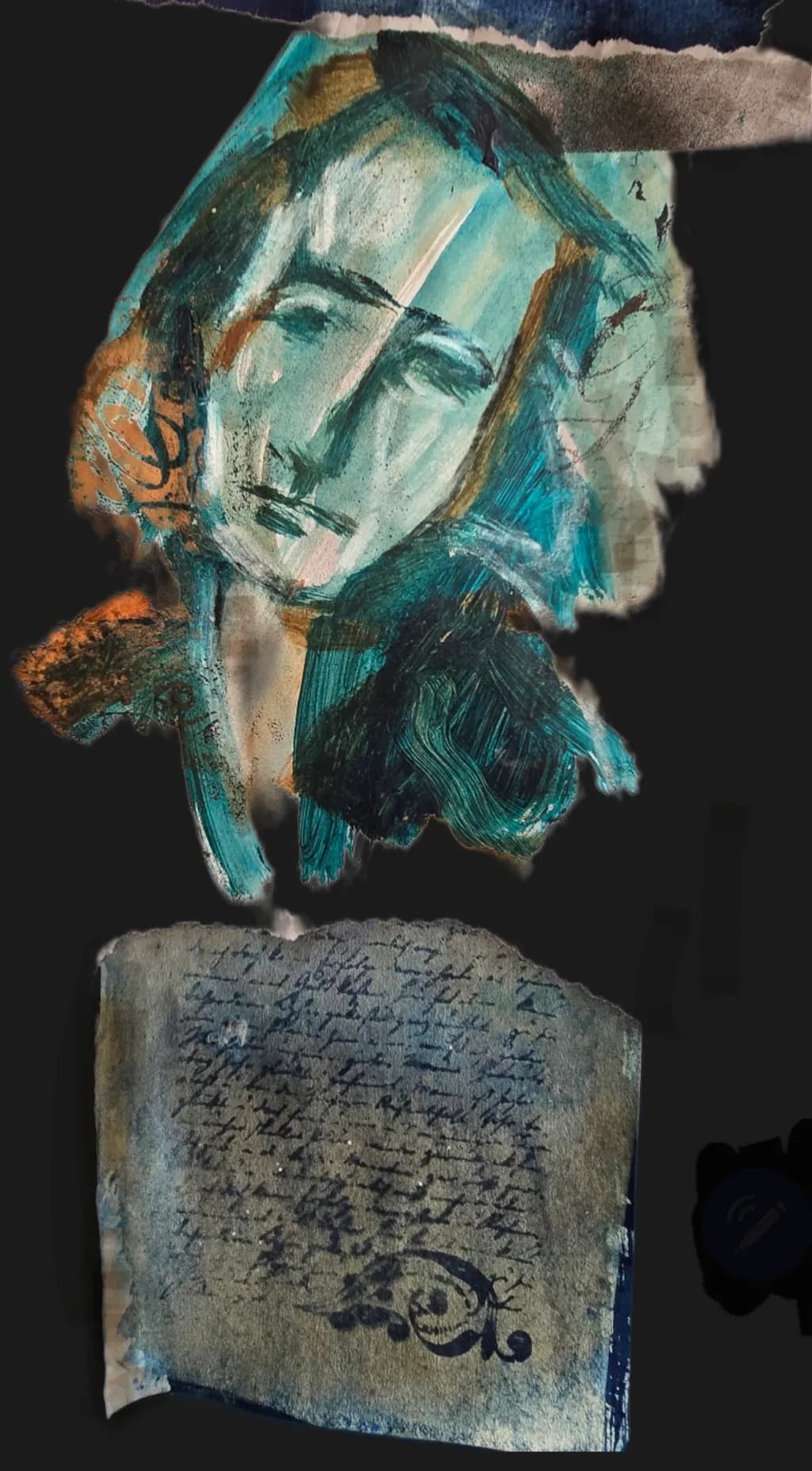 Whispers of Transformation: An Abstract Portrait in Blue and Calligraphy