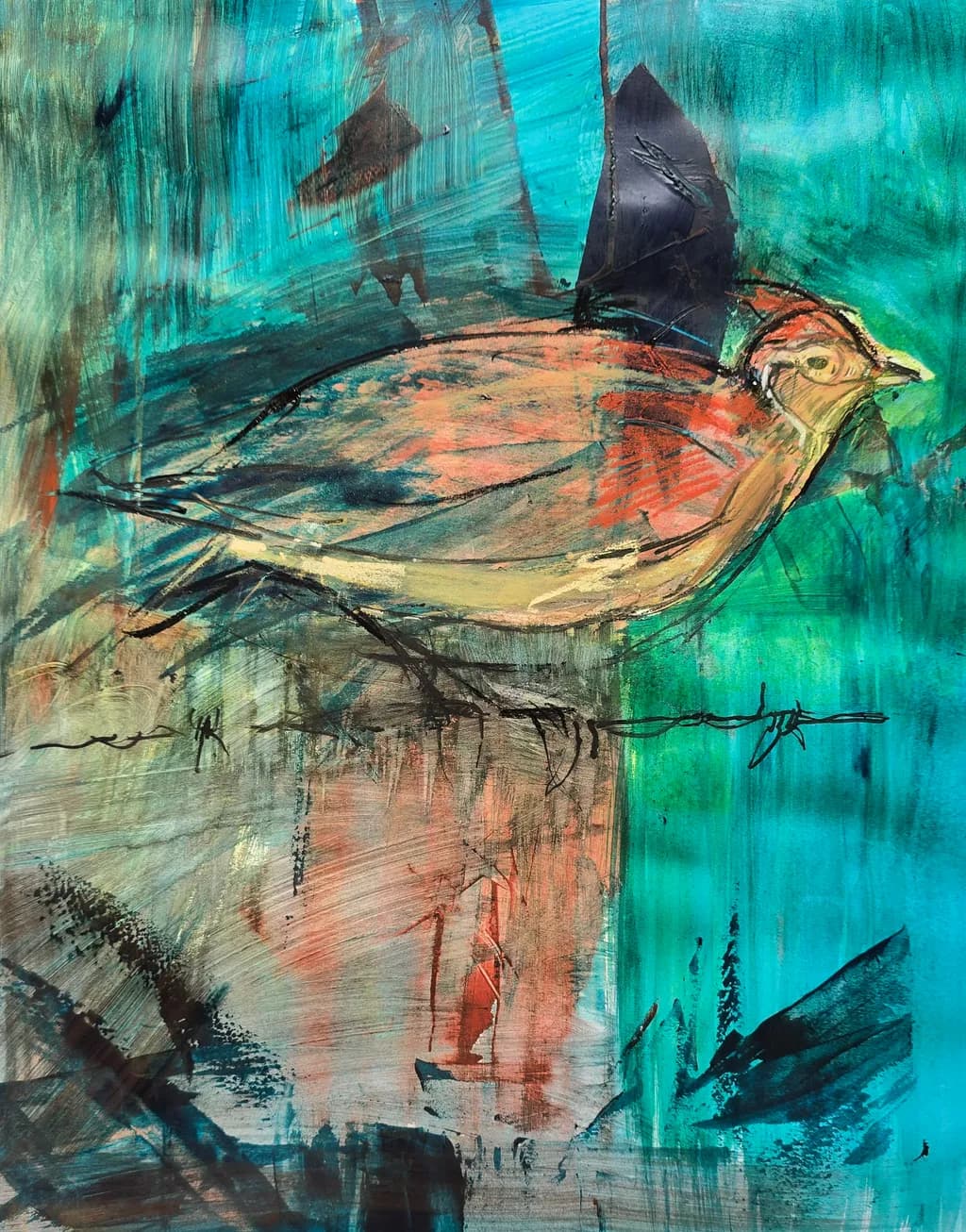 Whispers of Color: A Vibrant Bird in Abstract Harmony
