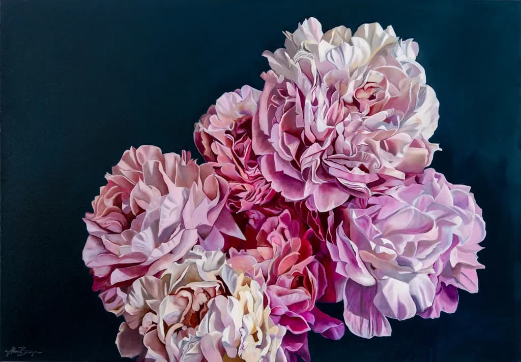 Whispers of Spring: A Lush Bouquet of Pink Peonies on a Midnight Canvas