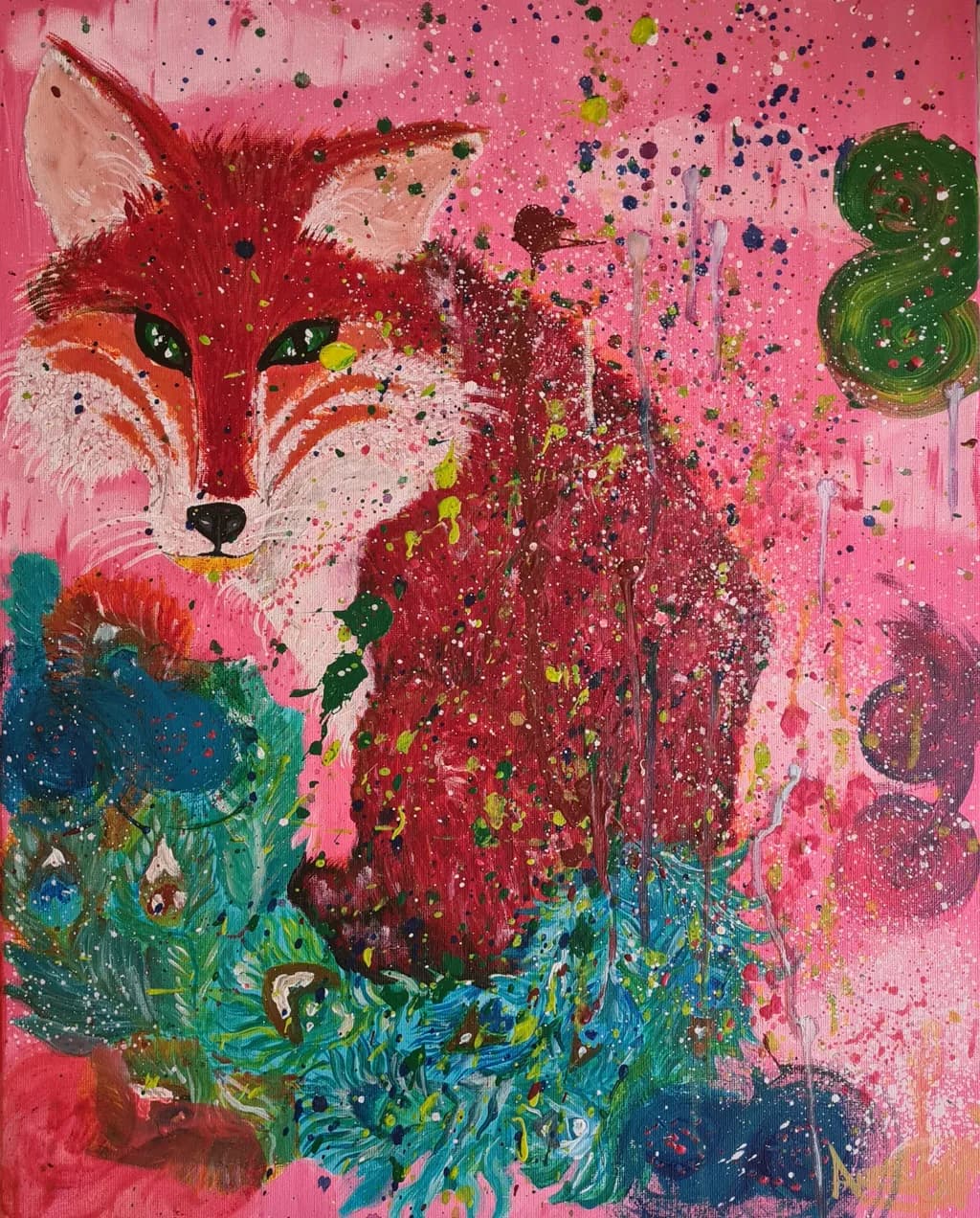 Whimsical Encounter: A Vibrant Fox Amidst a Splash of Colorful Dreams