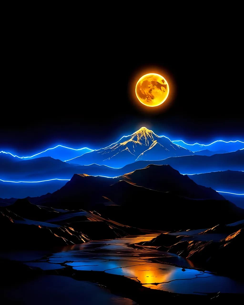 Celestial Harmony: A Radiant Moonlit Mountain Landscape at Dusk