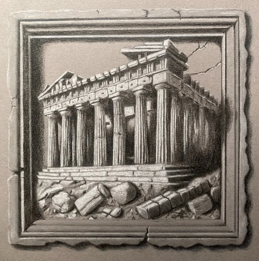 Whispers of Time: The Crumbling Parthenon in Charcoal Elegance