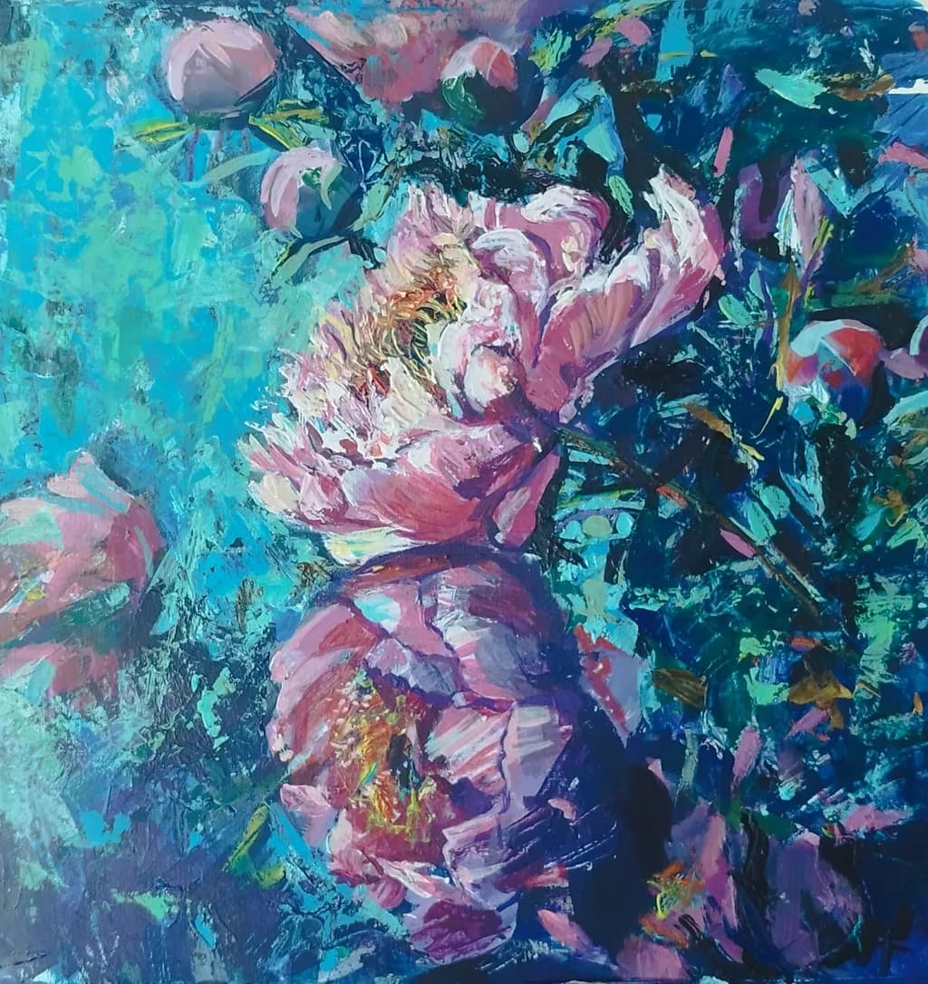 Whispers of Spring: Vibrant Peonies in a Turquoise Dreamscape