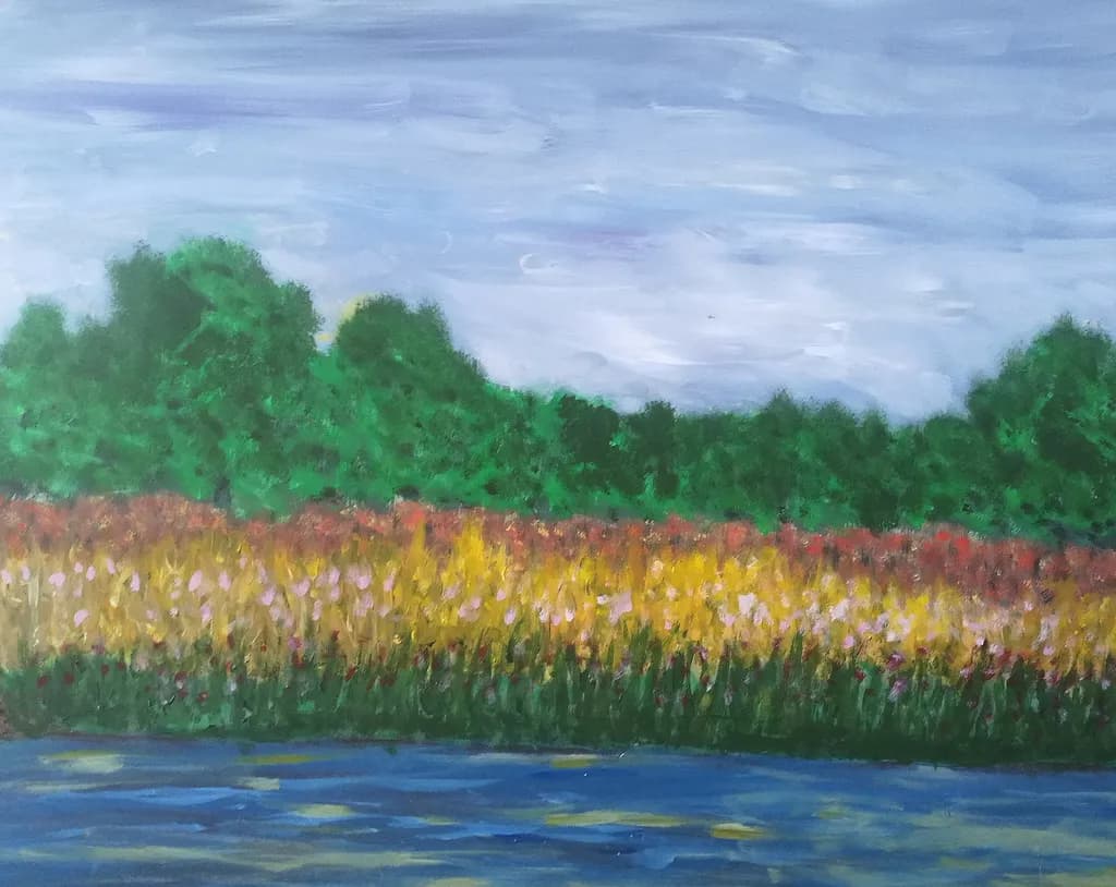 Whispers of Nature: A Serene Landscape of Wildflowers and Tranquil Waters