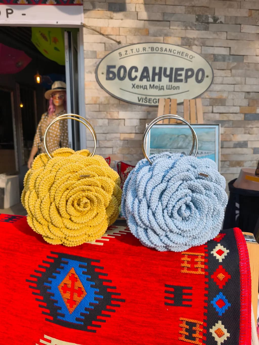 Chic Floral Handbags: Yellow and Blue Rose-Inspired Designs for a Stylish Statement