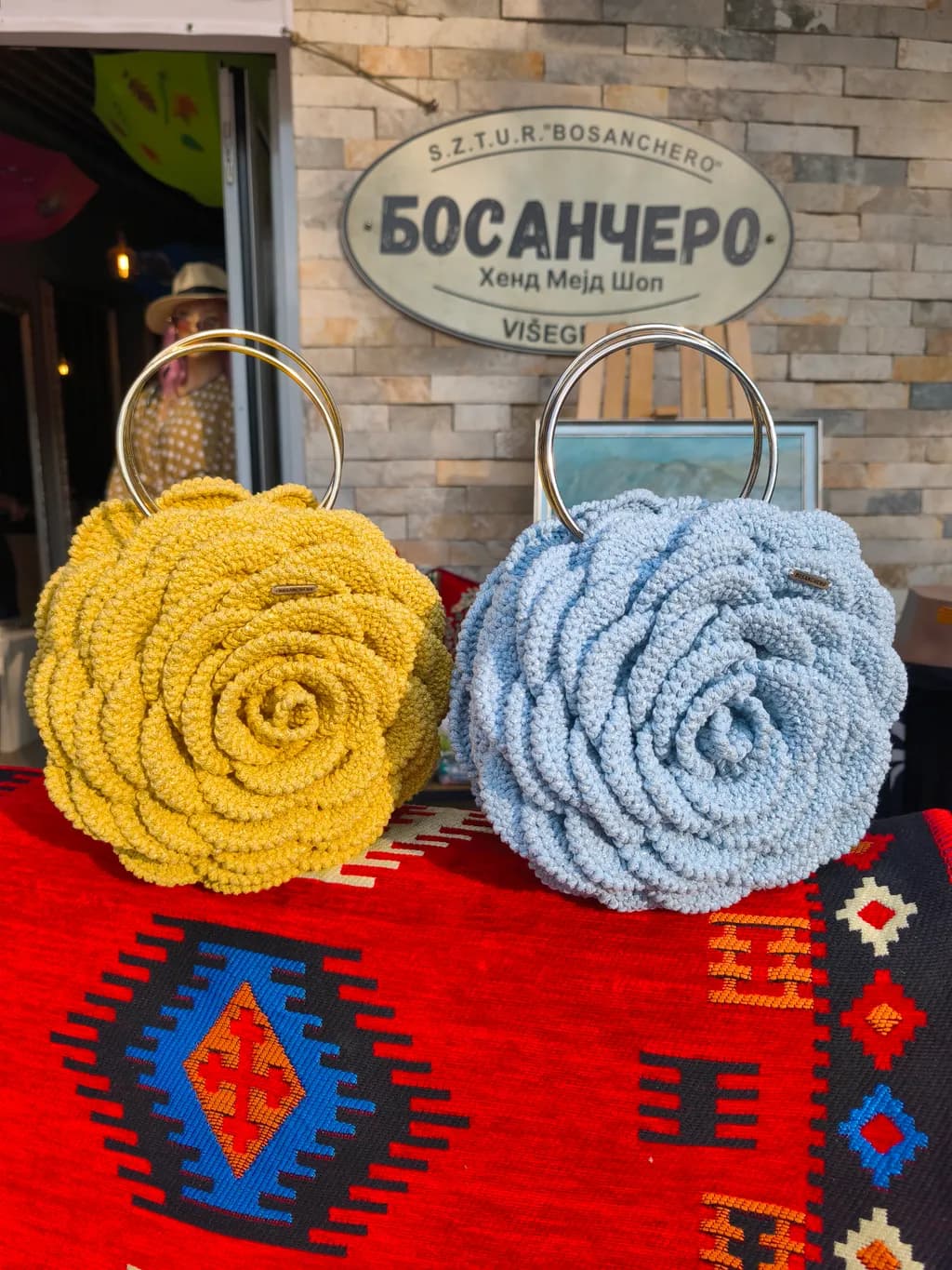Charming Floral-Inspired Handbags: Yellow and Blue Rope Design with Elegant Handles