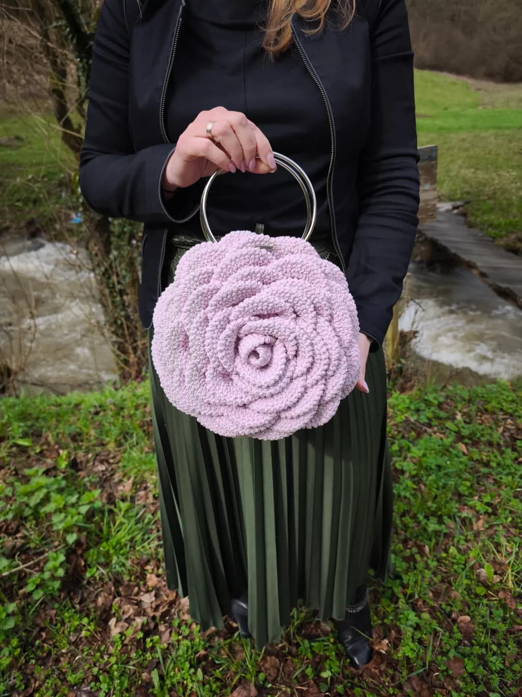 Blossoming Elegance: Handcrafted Pink Floral Purse with Silver Handle