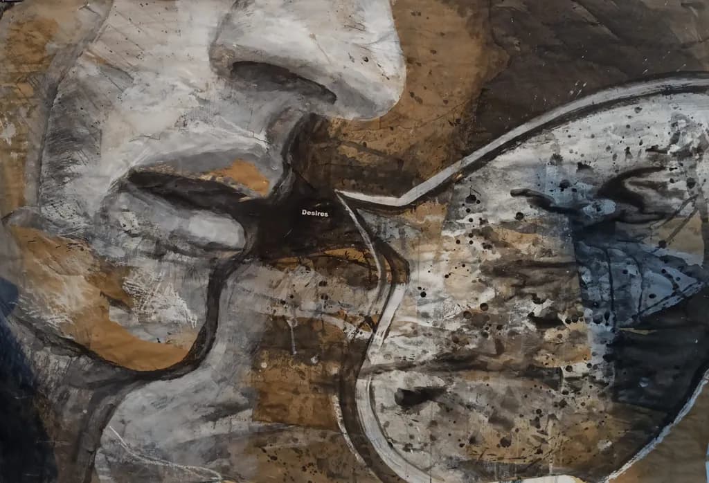 Whispers of Desire: An Intimate Encounter in Mixed Media Art