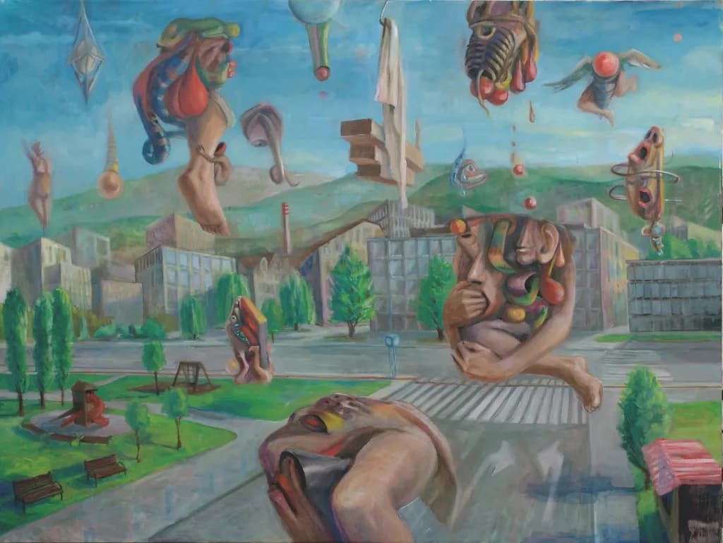 Surreal Embrace: A Dreamscape of Floating Forms and Urban Whimsy