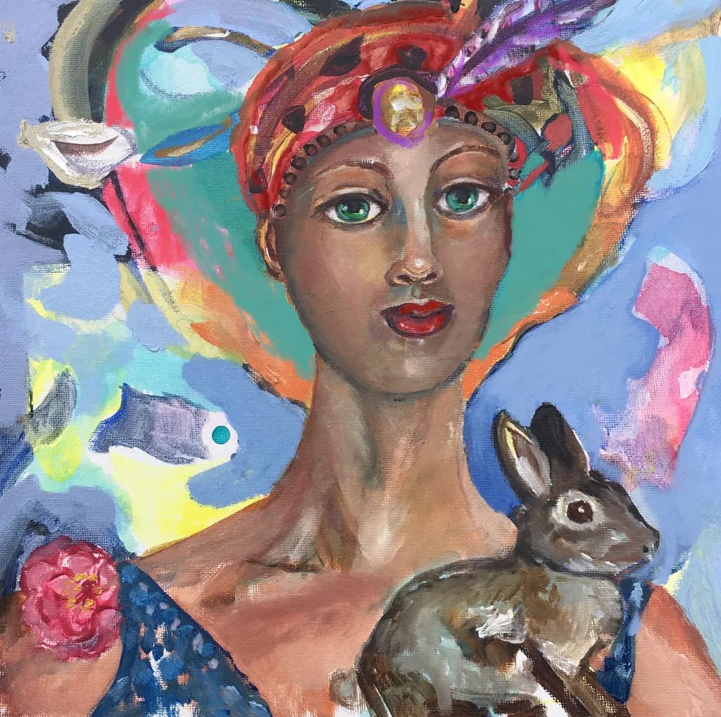 Whimsical Harmony: A Portrait of Grace with Rabbit Companion