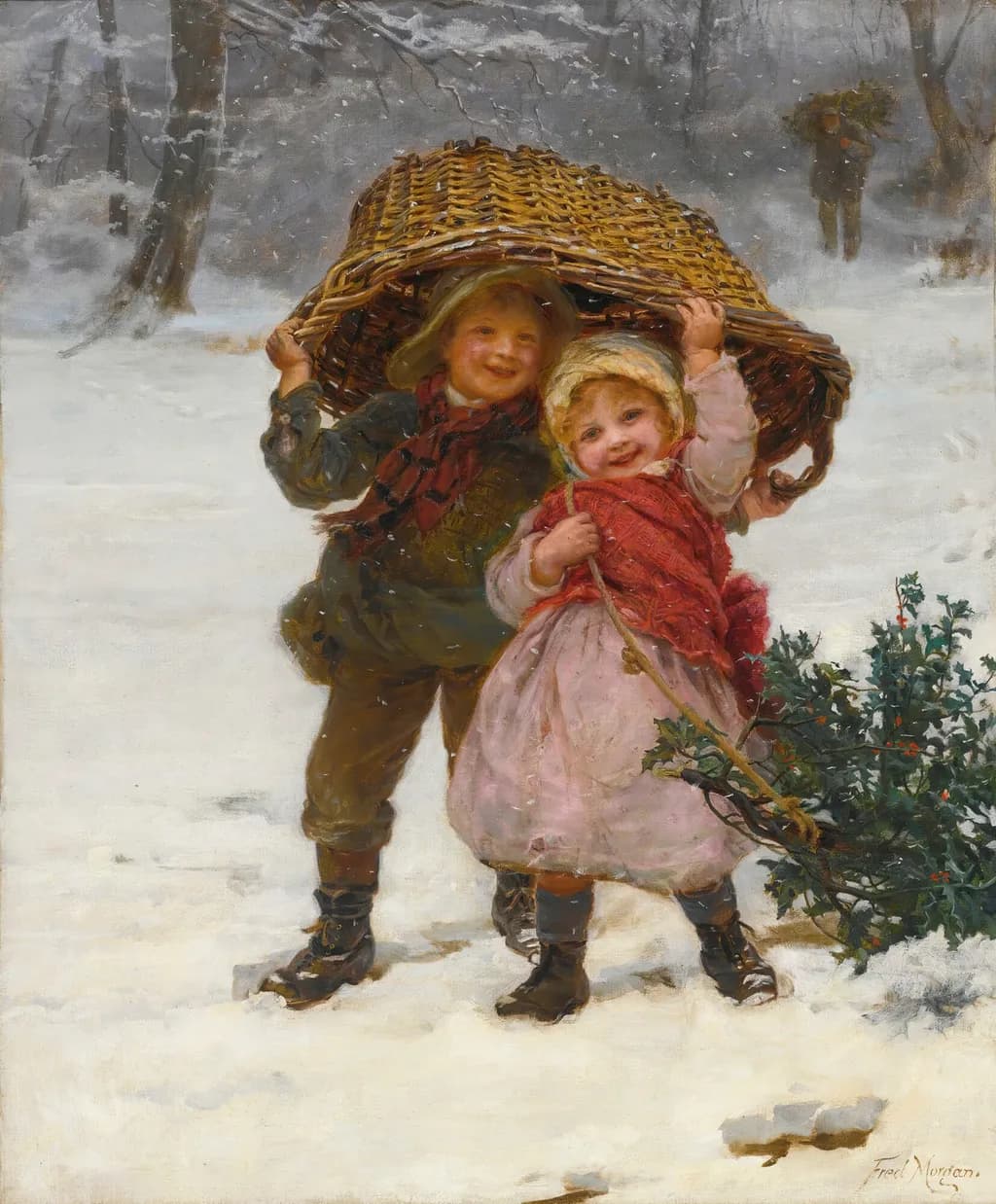 Winter Whimsy: Joyful Children Carrying a Christmas Tree in the Snow