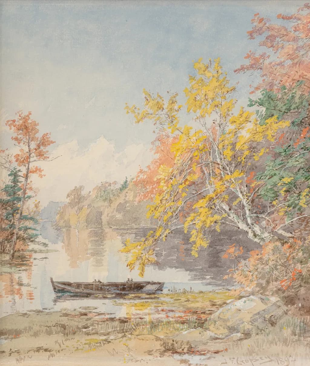 Autumn Reflections: A Serene Lakeside Scene with a Rustic Boat