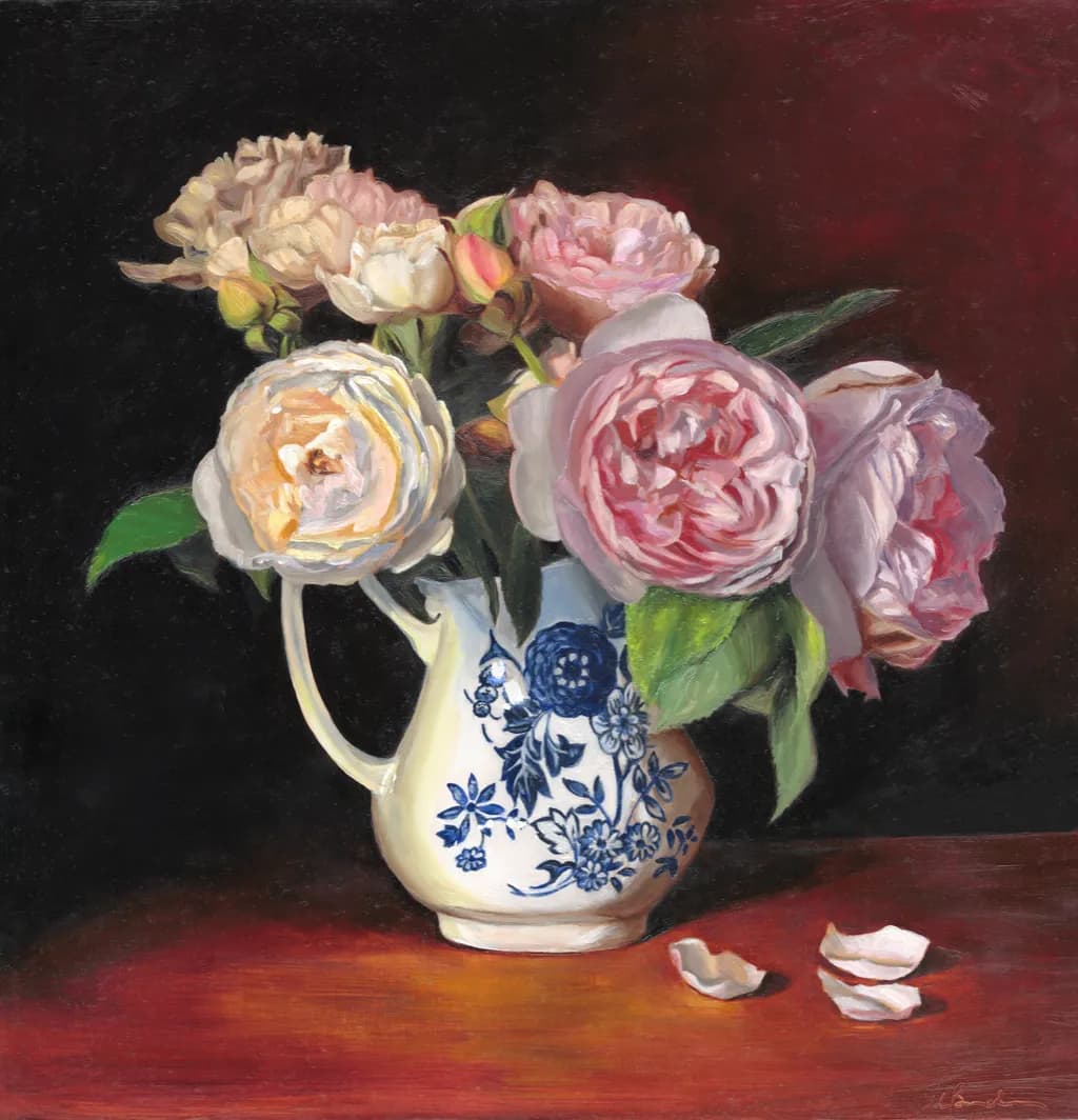 David Austin Roses in Blue and White Jug