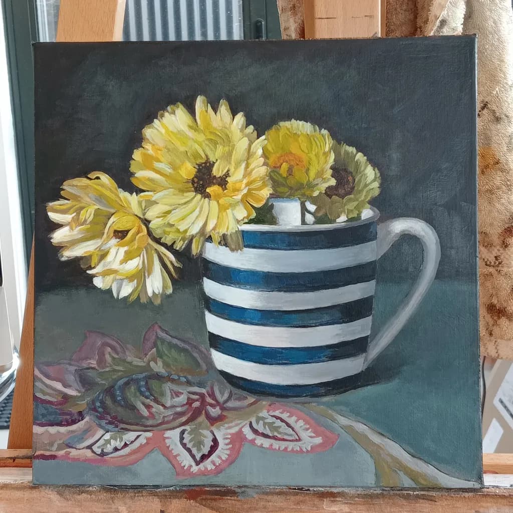 Striped Mug with Yellow Flowers