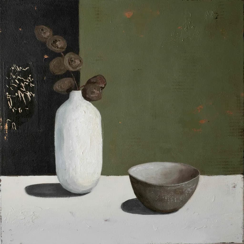 Serene Earthy Elegance: A Minimalist Still-Life Composition with Vase and Bowl