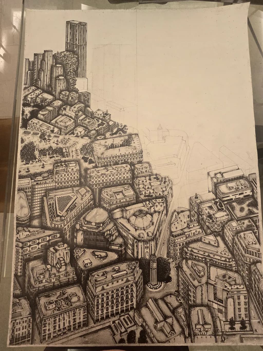 Urban Monochrome: A Detailed Cityscape Sketch of Architectural Wonders