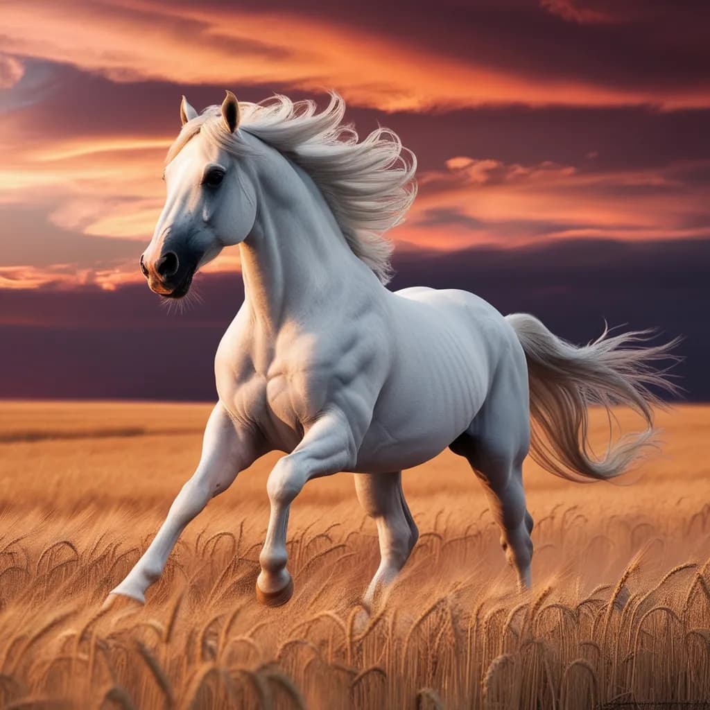 Majestic White Stallion Galloping Through Golden Fields at Sunset