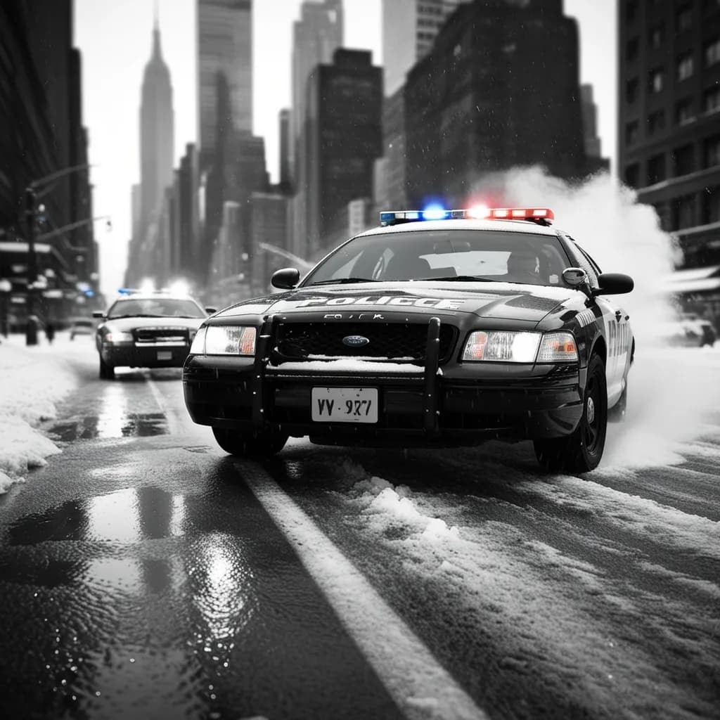 Urban Serenity: Monochrome Snowfall and Emergency Response in the Cityscape