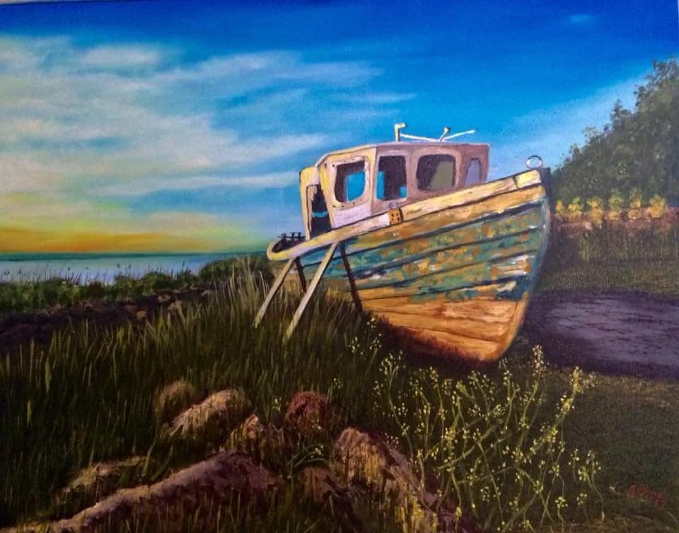 Whispers of the Abandoned: A Serene Landscape with a Forgotten Boat by the Water's Edge