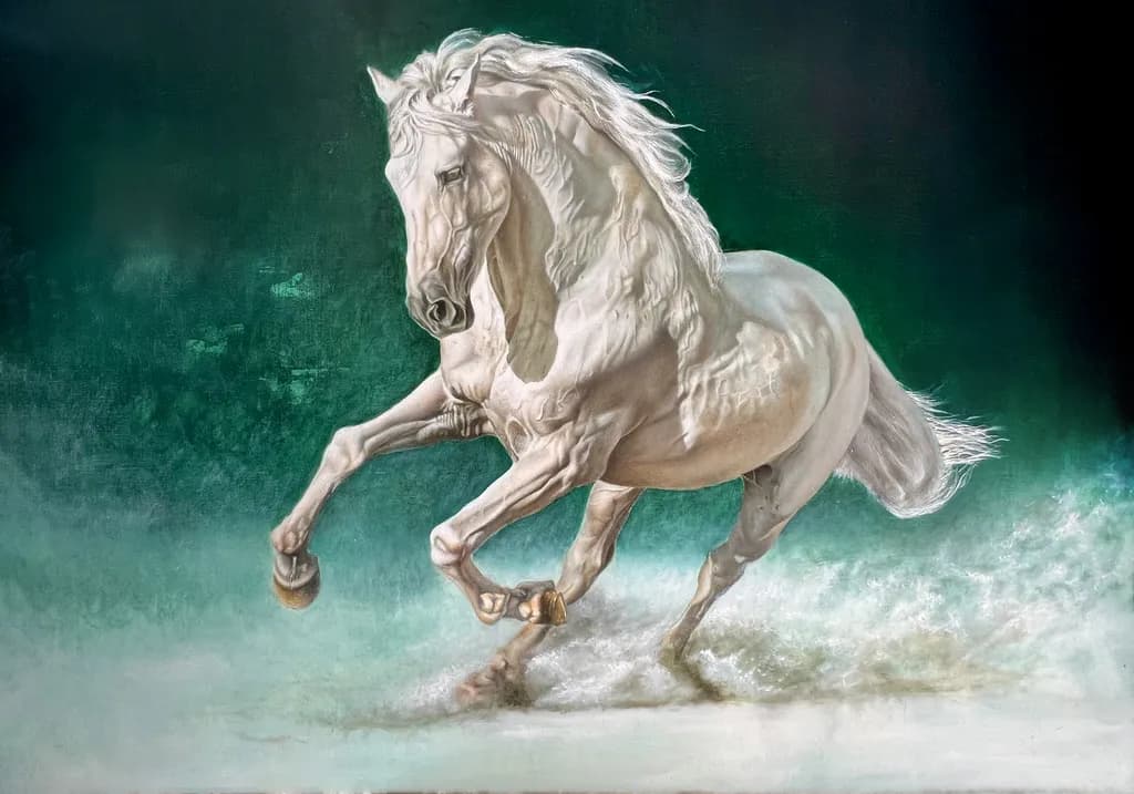 Majestic Equine Dance: A White Horse in Motion Against a Serene Background