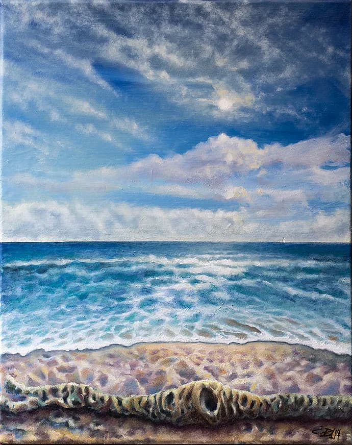Serenity by the Shore: A Tranquil Ocean View with Gentle Waves and Soft Clouds