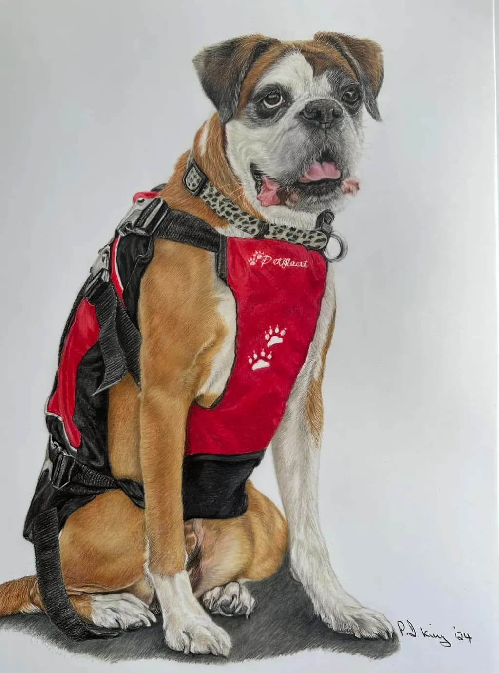 Whimsical Portrait of a Playful Boxer in a Red Harness: A Heartwarming Tribute to Canine Companionship