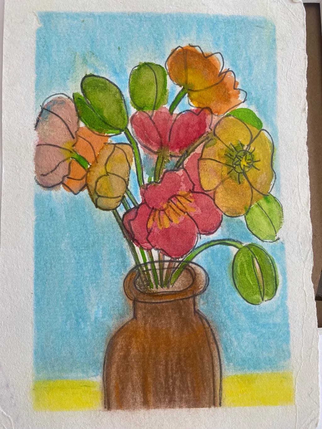 Vibrant Blossoms: A Colorful Floral Still Life in a Rustic Vase