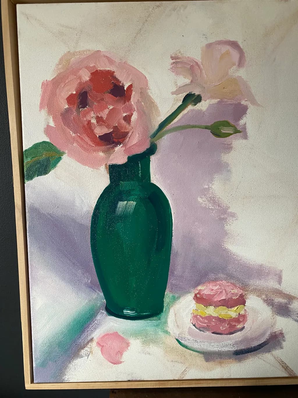 Whispers of Spring: A Still-Life Symphony of Flowers and Macarons in Green Glass