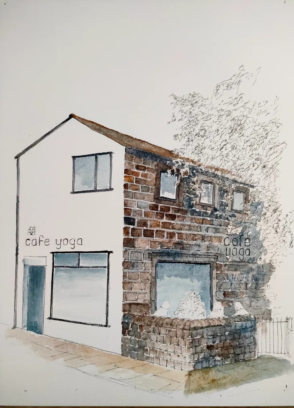 Serenity in Stone: A Watercolor Tribute to Cafe Yoga's Architectural Charm