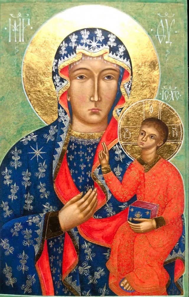 Divine Embrace: The Sacred Bond of Mother and Child in Gold and Blue Iconography