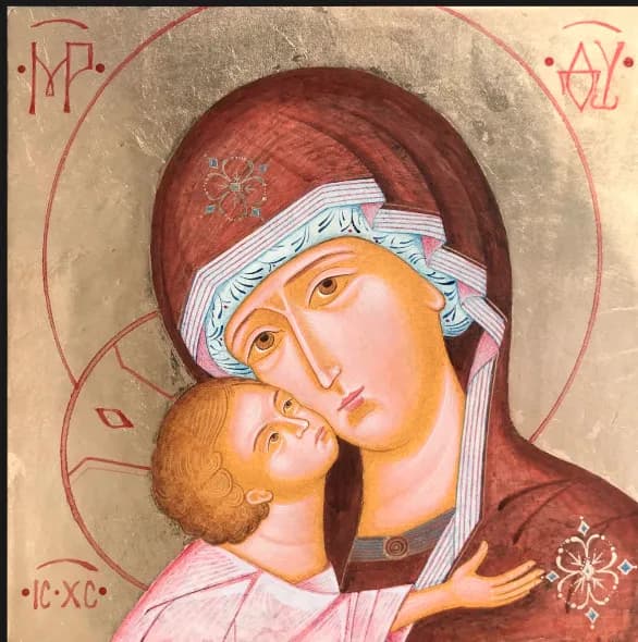 Serene Embrace: An Iconic Depiction of Mother and Child in Sacred Artistry