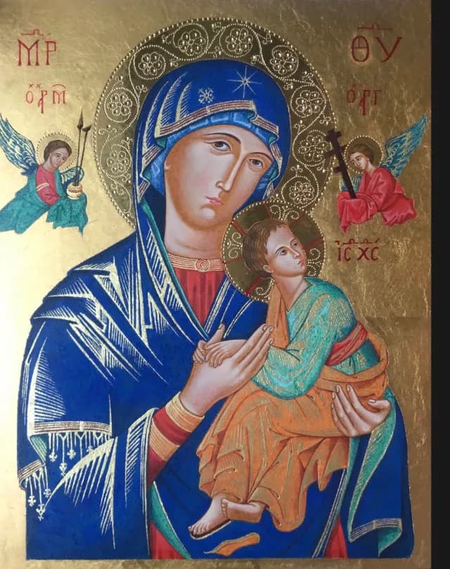 Divine Embrace: The Icon of Mary and Child with Angels in Gold Leaf Elegance