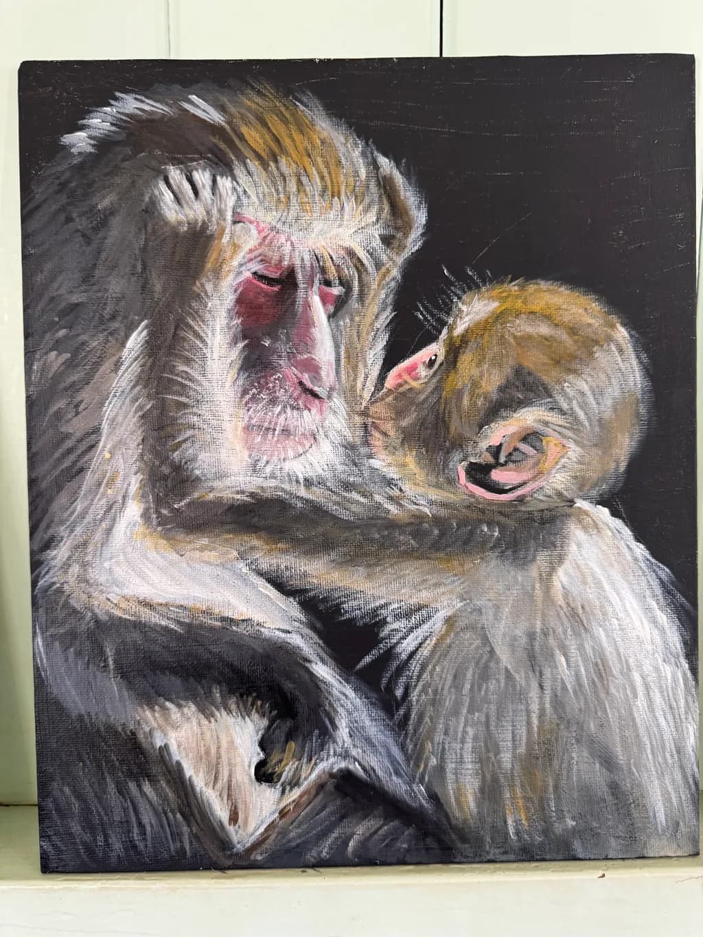 Tender Moments: A Heartfelt Embrace Between Monkeys in Vibrant Brushstrokes