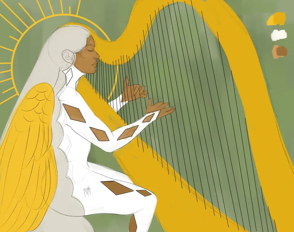 Ethereal Melodies: An Angelic Harpist in Serene Harmony