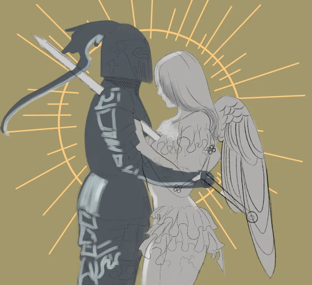 Ethereal Embrace: The Dance of Knight and Angel in Radiant Contrast