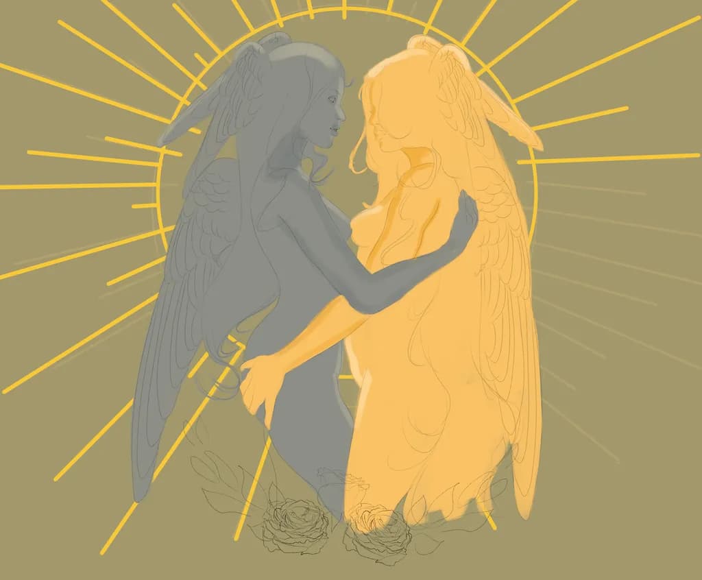 Ethereal Embrace: A Dance of Light and Shadow Between Angelic Figures