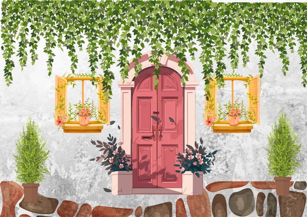 Whispers of Nature: A Charming Doorway Adorned with Lush Greenery and Blossoms
