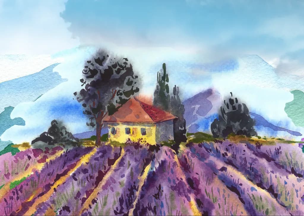Lavender Dreams: A Serene Countryside Escape in Watercolor Bliss