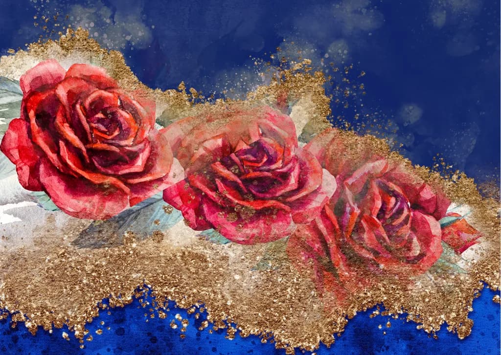 Radiant Roses: A Watercolor Symphony of Blue and Gold Elegance