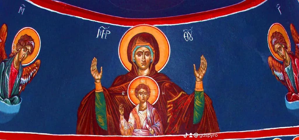 Divine Embrace: The Holy Mother and Child Surrounded by Angels in Iconic Splendor