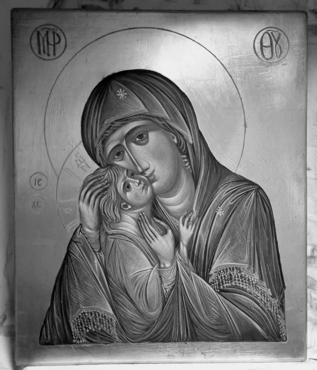 Tender Embrace: A Black and White Icon of Mother and Child