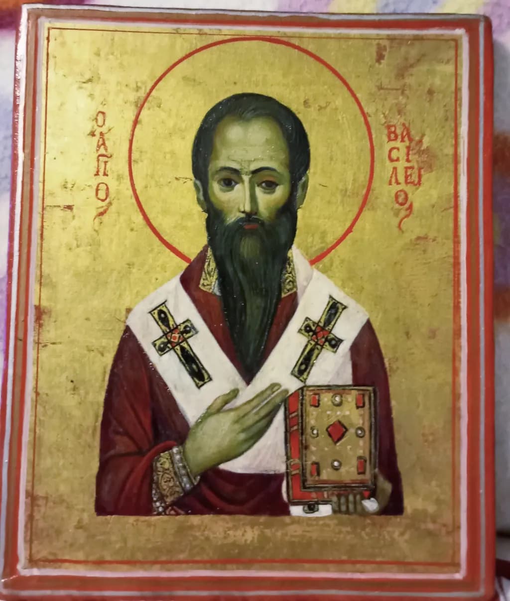 Divine Presence: Icon of Saint Basil the Great in Rich Gold and Colorful Detail