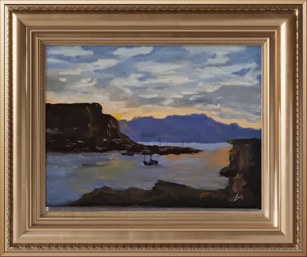 Serenity at Dusk: A Tranquil Coastal Landscape with Gentle Waves and Silhouetted Mountains